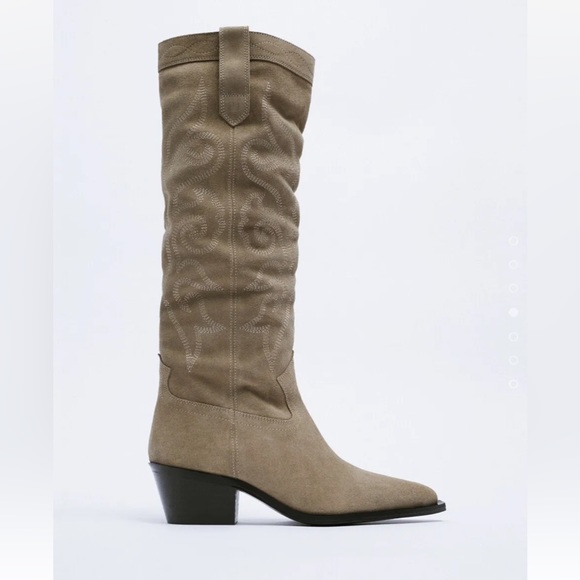 NEW! Zara Sand Beige Suede Leather Embroidered Cowboy Boots Size 11 - Picture 6 of 9